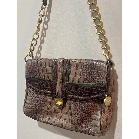 BRAHMIN Purse Croc Embossed Leather Shoulder Handbag Brown Green Chain Turn Lock - Picture 1 of 16
